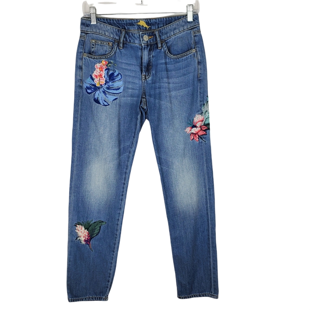 Tommy Bahama 24x29 Floral Embroidered Boyfriend Denim Jeans Womens Med Bay Wash